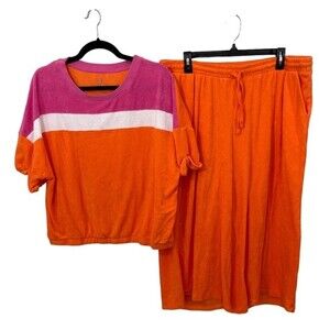 New York & Company Loop Terry Top and Wide Leg Pants Size XL Orange and‎ Pink